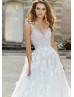 V Neck Beaded Ivory 3D Lace Tulle Modern Wedding Dress